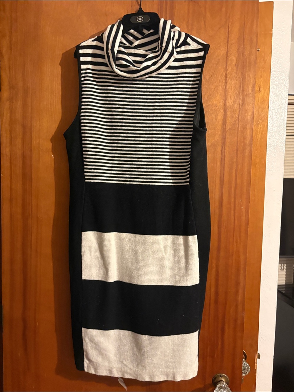Etcetera Sleeveless Black and White Striped Turtleneck Dress